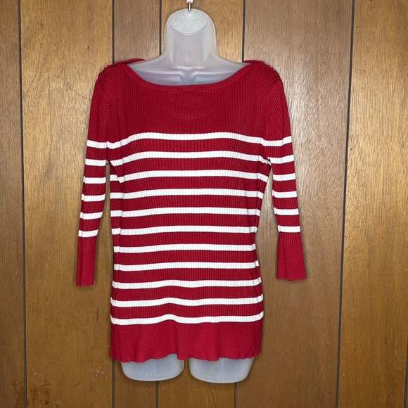 Sweaters - Red White Striped Ribbed Sweater Womens Large‎ Nautical Knit Preppy Coastal